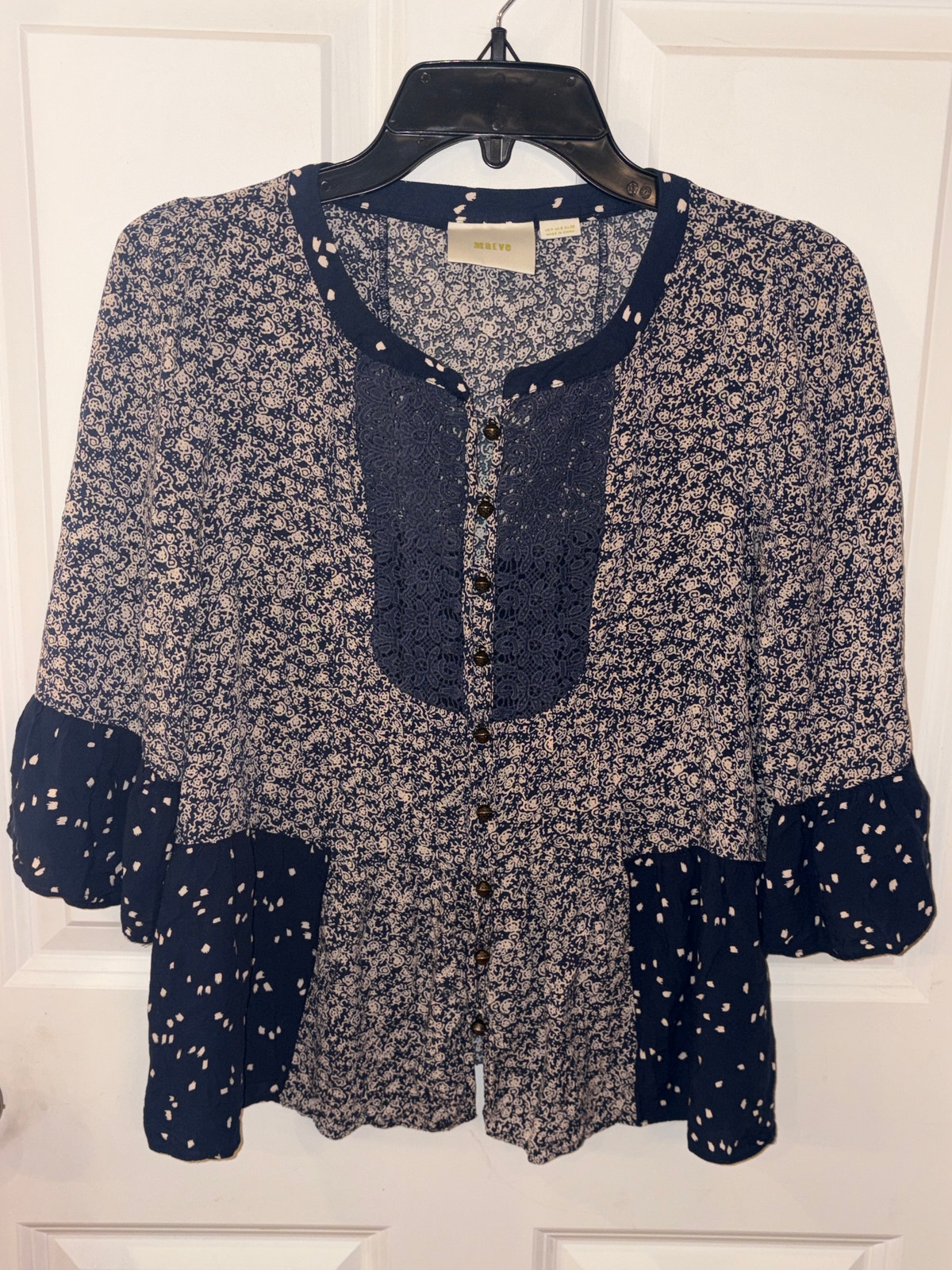 Anthropologie Maeve Navy White Boho Blouse Size 4